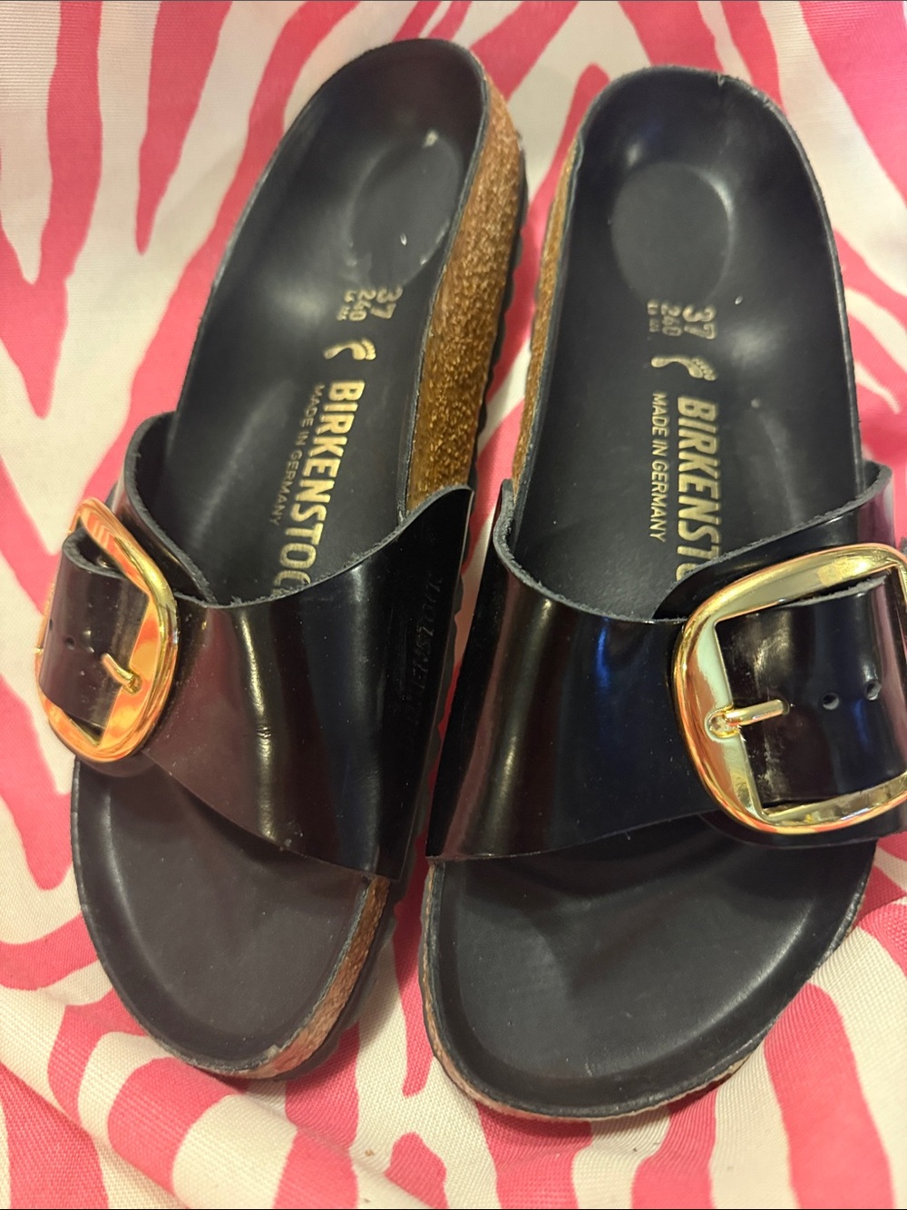 Birkenstock Black Patent Madrid Slide with Gold Buckle